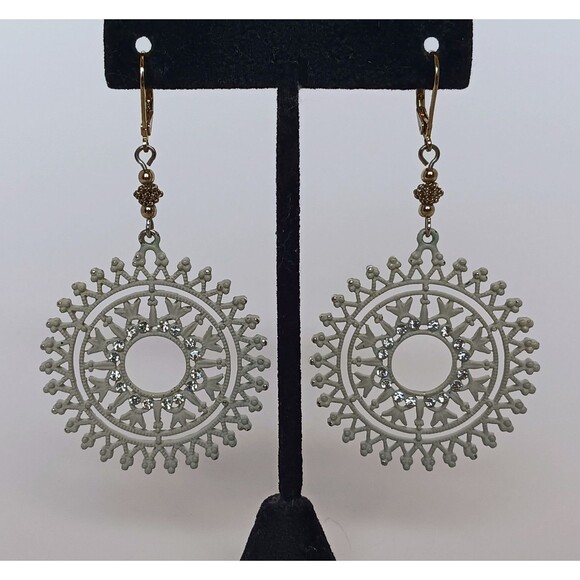 Handmade Enameled Goldtone Crystal Filagree Sunburst Statement Earrings 3 in - Picture 5 of 11